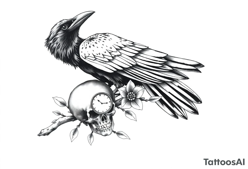 raven looking over its shoulder on a branch skull and clock and flower tattoo idea