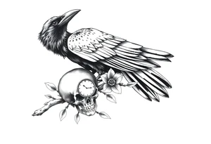 raven looking over its shoulder on a branch skull and clock and flower tattoo idea