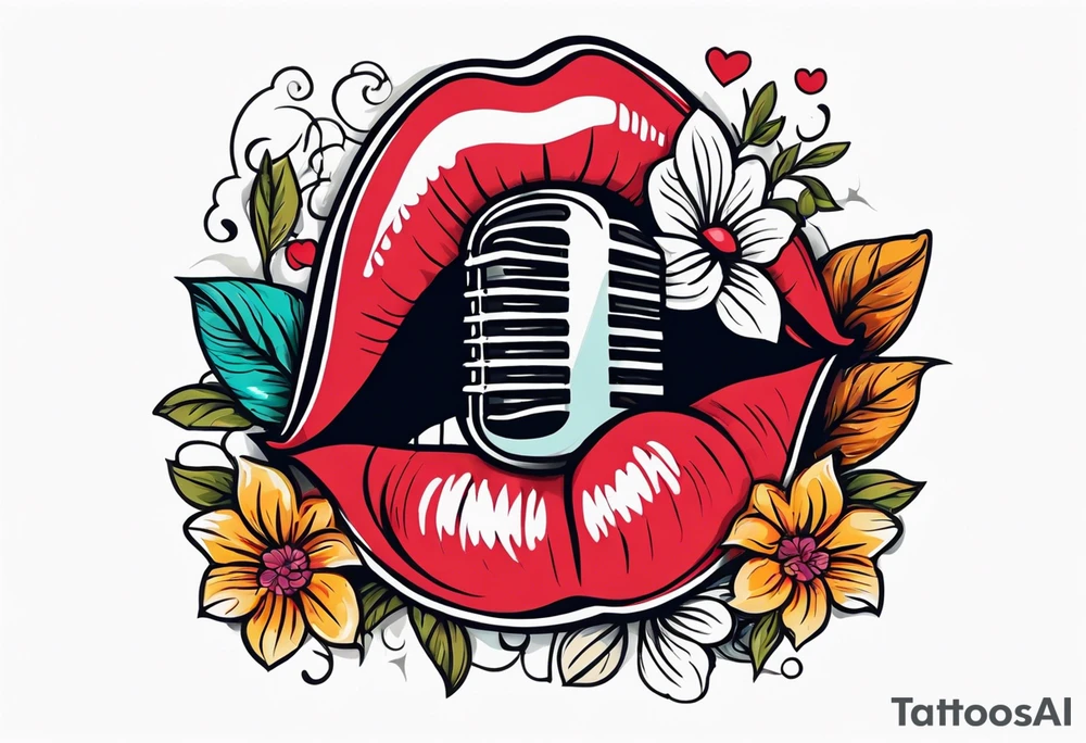 lips singing old school vintage traditional
flowers around and mouth next to microphone
bold and colorful simple design tattoo idea