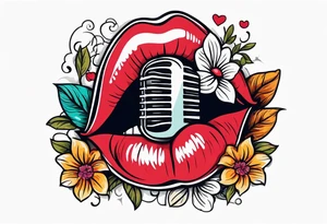 lips singing old school vintage traditional
flowers around and mouth next to microphone
bold and colorful simple design tattoo idea