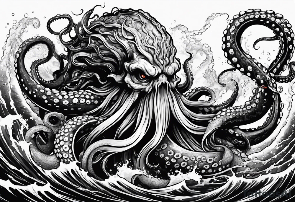 Kraken octopus tentacles grabbing Poseidon thrusting trident into monster deep ocean stormy tattoo idea
