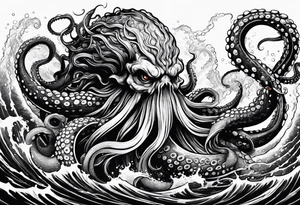 Kraken octopus tentacles grabbing Poseidon thrusting trident into monster deep ocean stormy tattoo idea