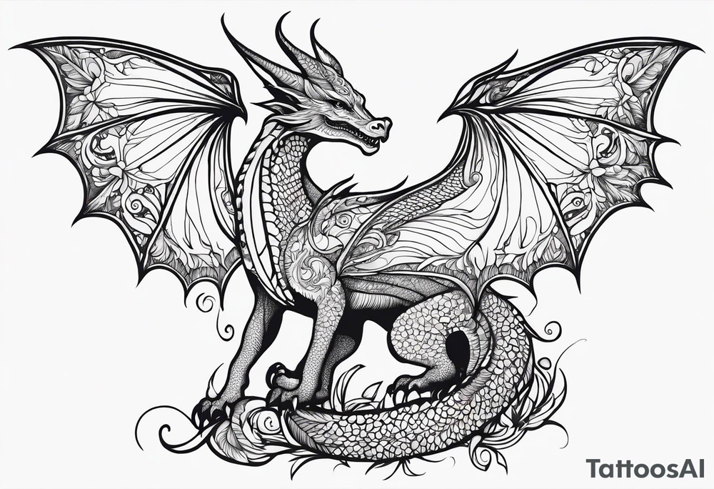Mother dragon wings spread field of mushrooms tattoo idea