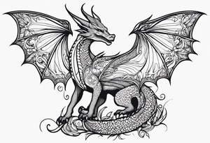 Mother dragon wings spread field of mushrooms tattoo idea