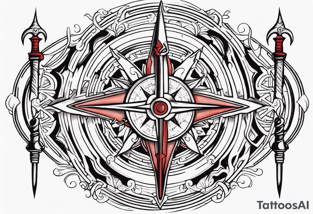 Two swords going through a compass and a labyrinth within it tattoo idea