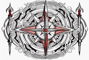 Two swords going through a compass and a labyrinth within it tattoo idea