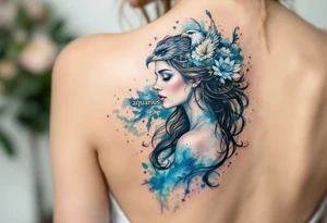 An Aquarius goddess with an eagle perched on her shoulde with word "aquarius" tattoo idea