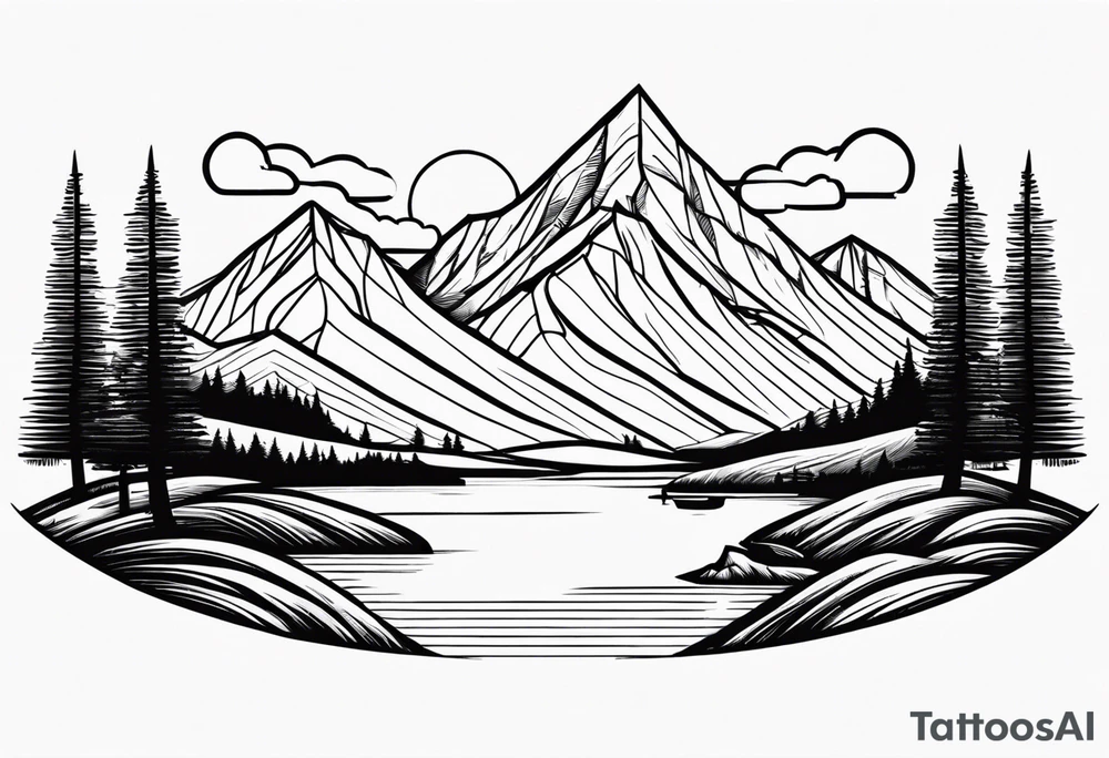 mountains, road, lake, yurt, sun tattoo idea