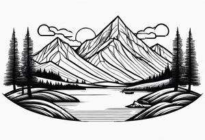 mountains, road, lake, yurt, sun tattoo idea