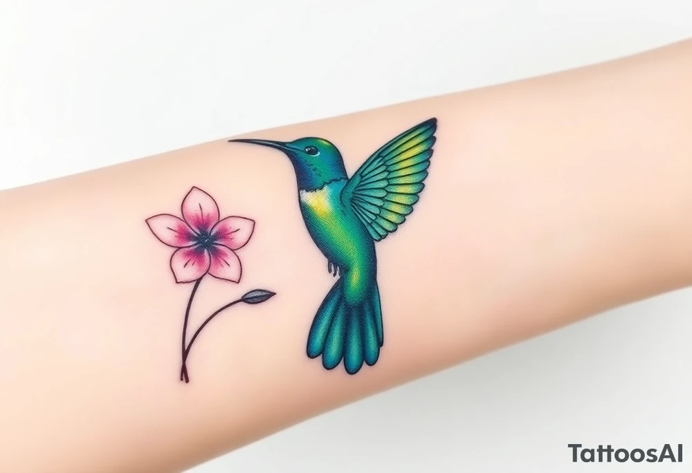 A hummingbird in iridescent green and blue shades, hovering near a blossoming flower, embodying endurance and positivity tattoo idea