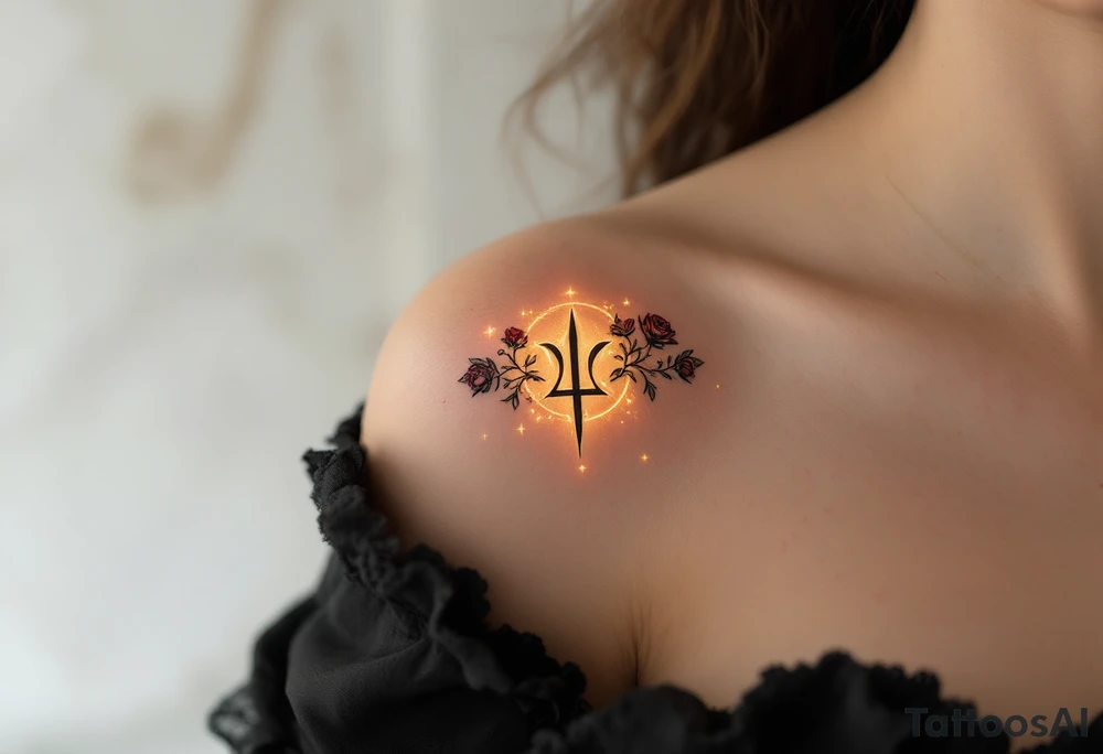 A mystical rune glowing softly with golden light, surrounded by a faint magical aura. The symbol itself is engraved with sharp, symmetrical lines, and small roses wrap around the edges. The tattoo evokes timeless love, with deep red accents and delicate glowing stars scattered around it. tattoo idea