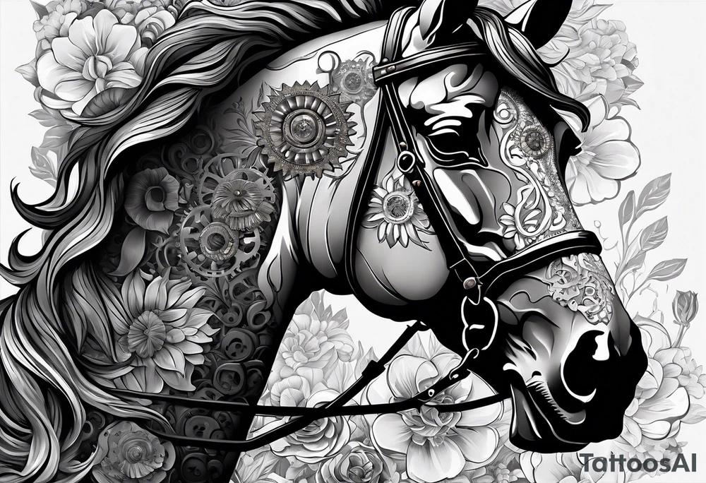 A horse head made fully out of gears. The horse's main is made out of flowers tattoo idea