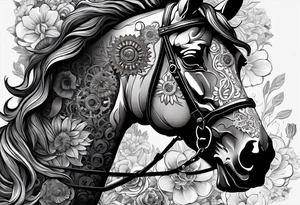 A horse head made fully out of gears. The horse's main is made out of flowers tattoo idea