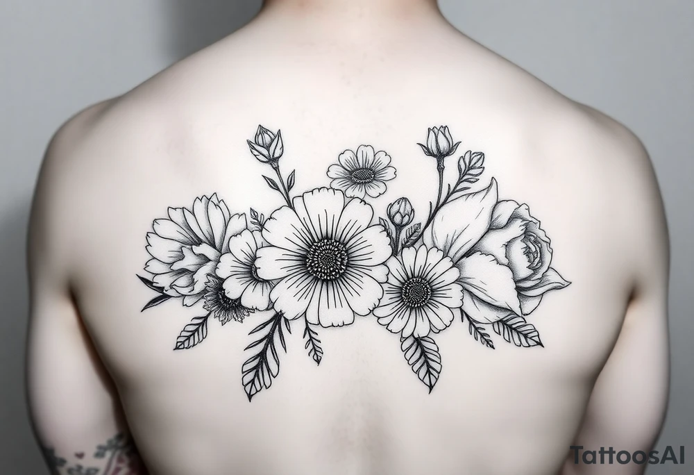 flower arrangment for arm, include two carnations, one violet, two daisies, one cosmos, and one peony tattoo idea