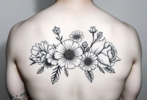 flower arrangment for arm, include two carnations, one violet, two daisies, one cosmos, and one peony tattoo idea