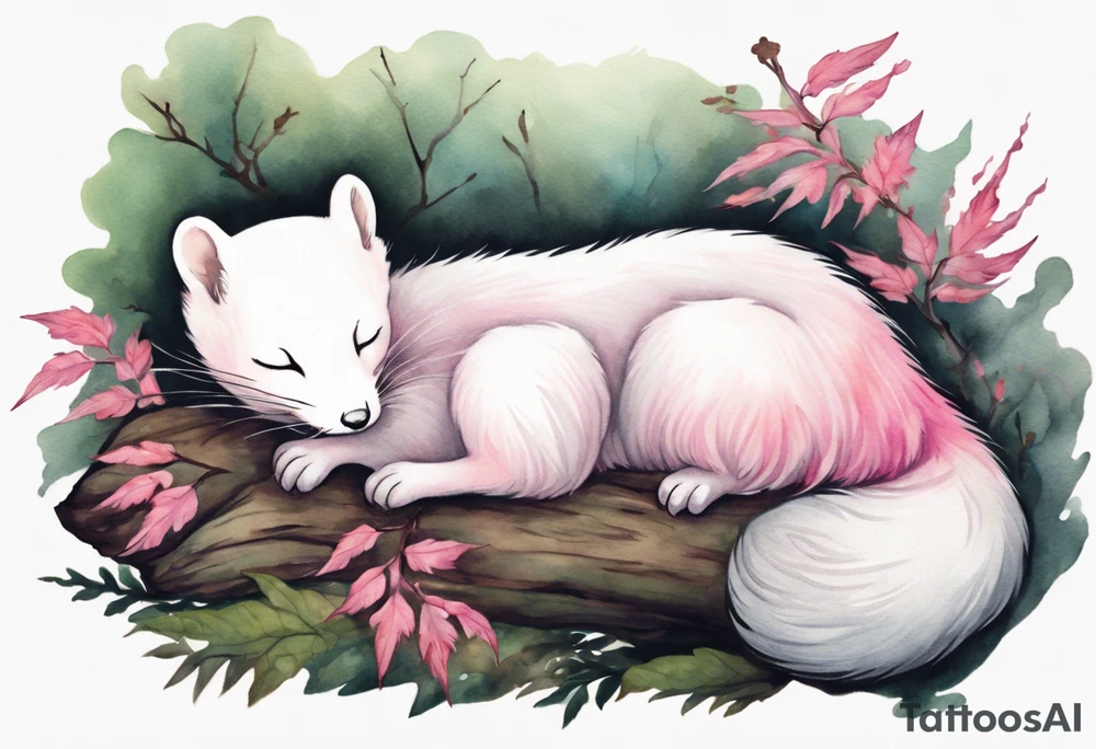 an ermine with pink fur sleeping in the forest tattoo idea