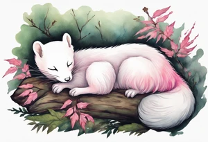 an ermine with pink fur sleeping in the forest tattoo idea