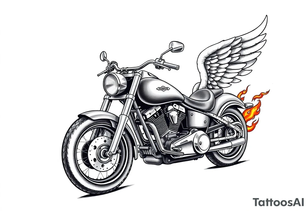Low rider grey motorcycle, big muffler pipes with flames, angel wings, driving away, no person tattoo idea