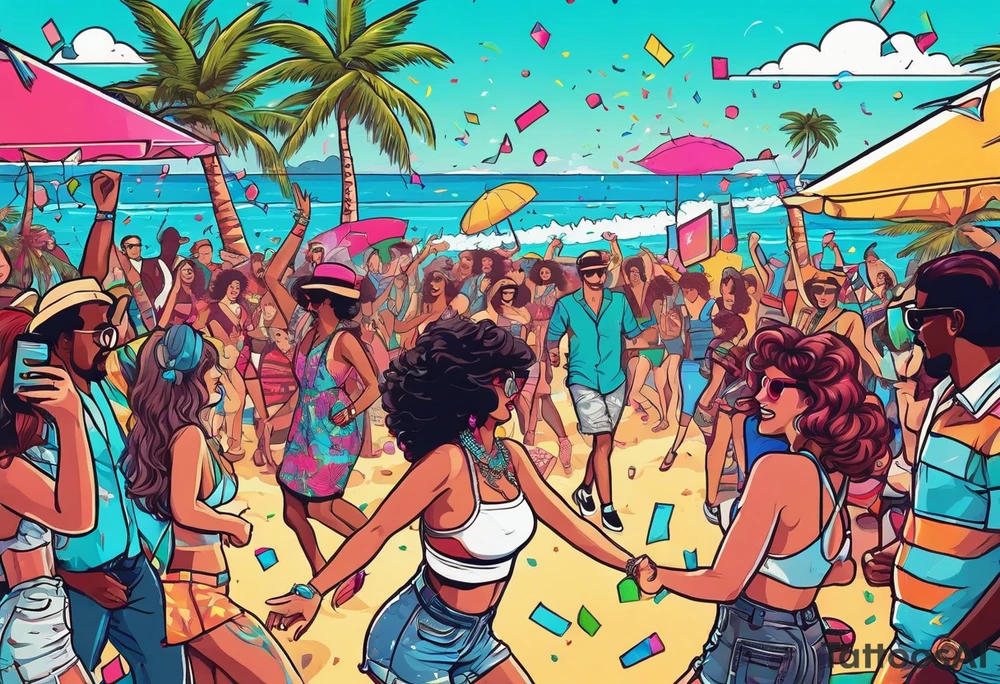 1980's style dance party with boom box and confetti in a beach theme. include people in 80's miami beach clothes, music note. tattoo idea
