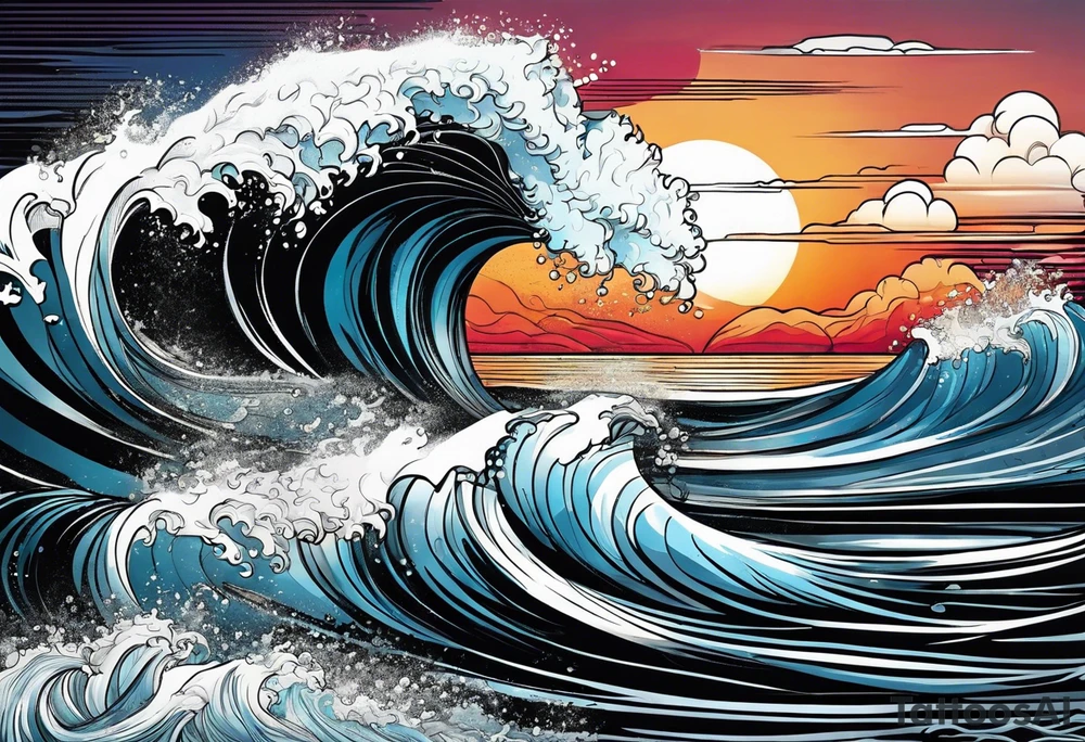 Ocean wave at sunset tattoo idea