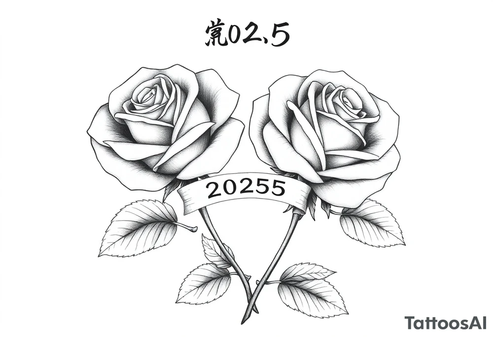 two big beautiful rose buds with leaves and separated by their cascading, intertwined stems joining as one. Add a small banner with the year "2025" on it, tying them together.  Add the following word "Rose" written in Kanji above the drawing.  Make the drawing darker tattoo idea