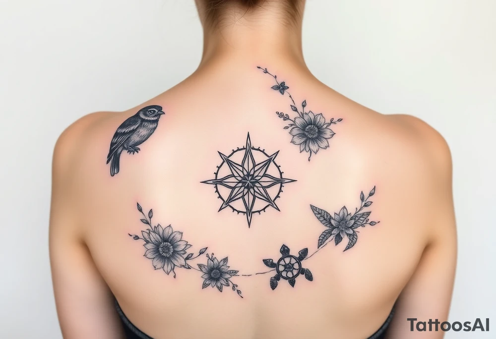 Full back owl on left shoulder flowers on right 3 turtles down spine use antique compass rose overlaid everywhere else tattoo idea