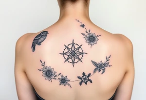 Full back owl on left shoulder flowers on right 3 turtles down spine use antique compass rose overlaid everywhere else tattoo idea