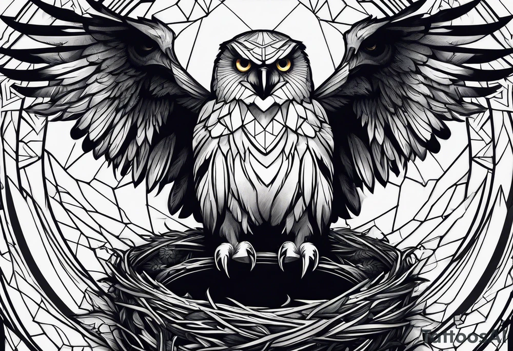 Owl, raven, eagle cuddled in a nest, looking down into the nest tattoo idea