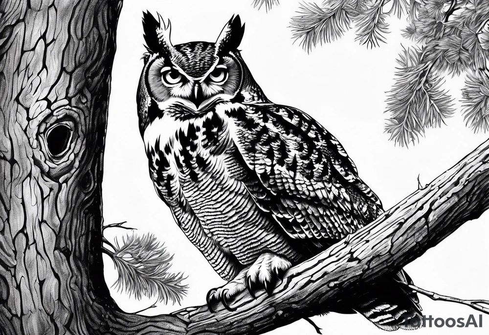 great horned owl in a tree hollow tattoo idea