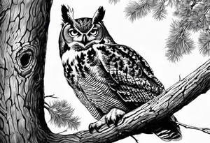 great horned owl in a tree hollow tattoo idea