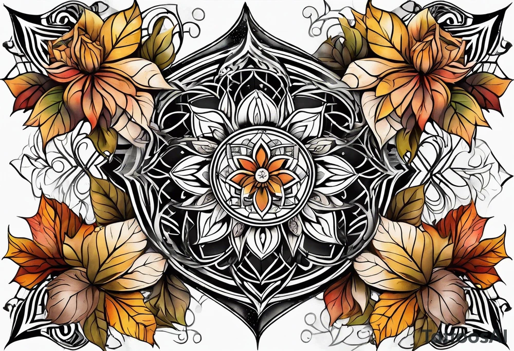 knee tattoo with sacred geometry, swirls & washes, background and in fall colors tattoo idea