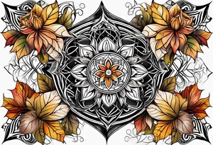knee tattoo with sacred geometry, swirls & washes, background and in fall colors tattoo idea