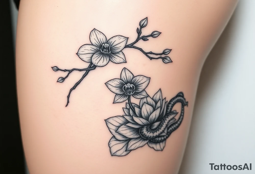 Orchid or cherry blossom tree and lotus and snake on a woman tattoo idea
