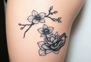 Orchid or cherry blossom tree and lotus and snake on a woman tattoo idea