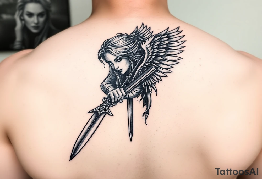Fierce Female Angel warrior with dagger with dark shading tattoo idea