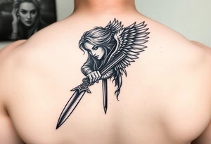 Fierce Female Angel warrior with dagger with dark shading tattoo idea