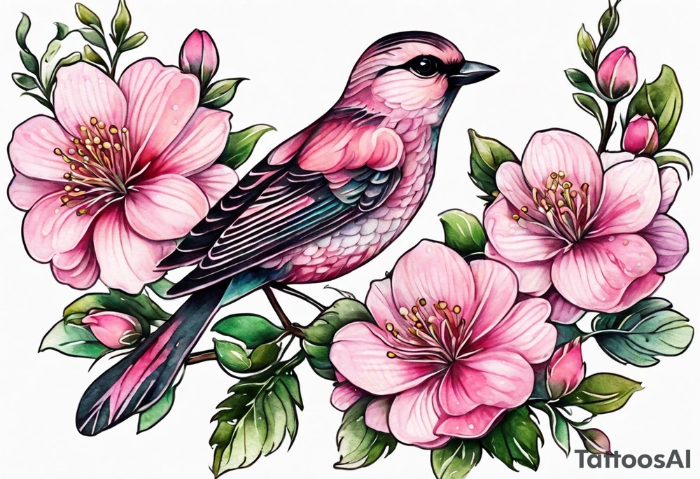 Small Pink flowers with decorative dott pattern, a bird and libra tattoo idea