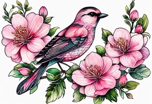 Small Pink flowers with decorative dott pattern, a bird and libra tattoo idea