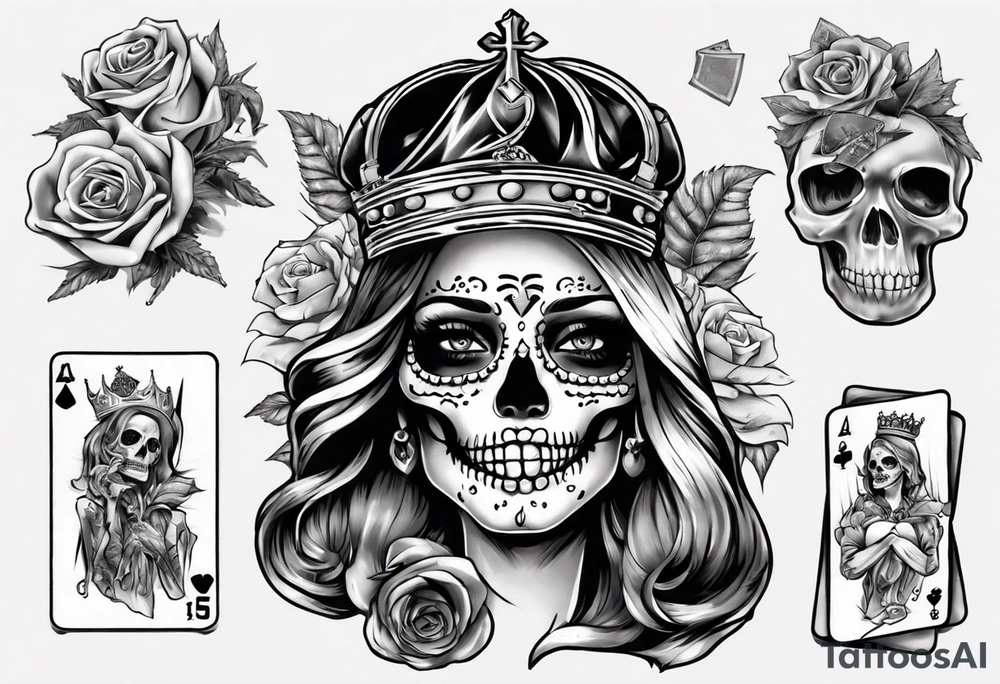santa la muerta with money and crown
on card tattoo idea