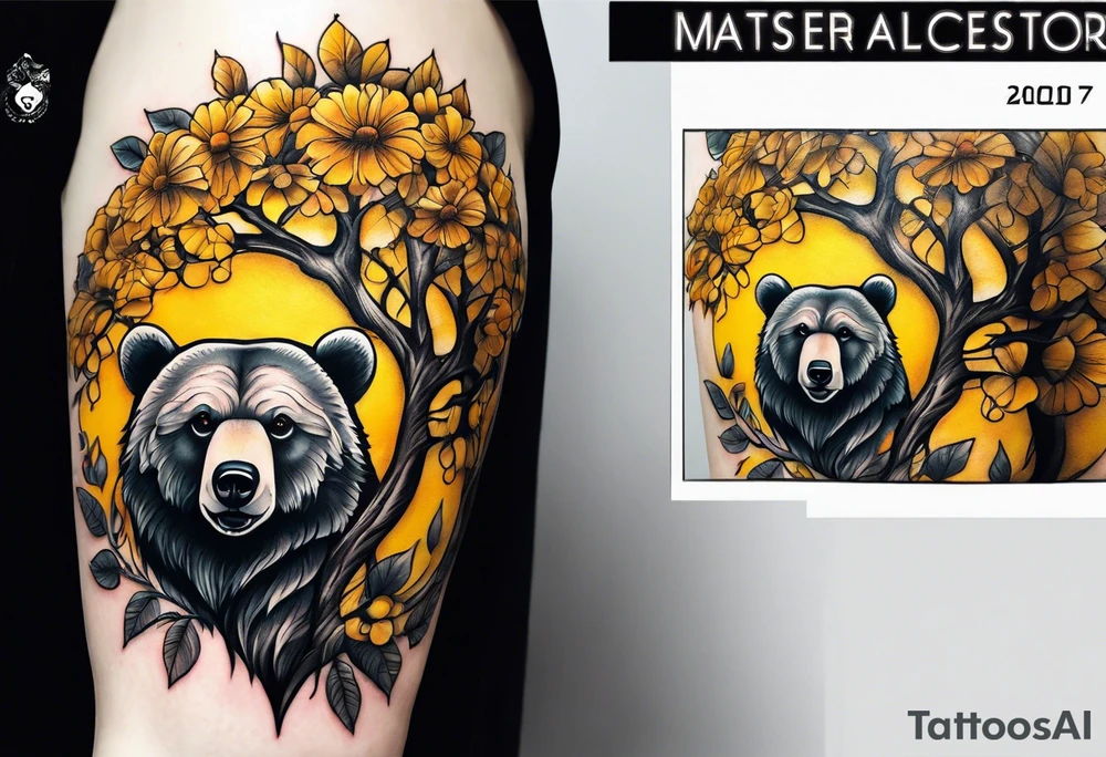 Bear under the tree of life with yellow roses and three butterflies for an upper arm tattoo. tattoo idea