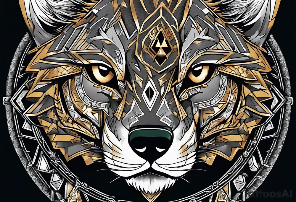 Legend of zelda link wolf in side profile muzzle facing th ebottom 
, in the center of his forhead is a diamond shape with a dot in the middle done in the style of black line work.  His mouth should be open snarling tattoo idea