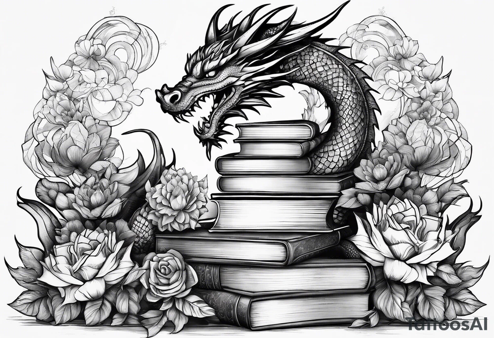Dragon stack of books flowers tattoo idea