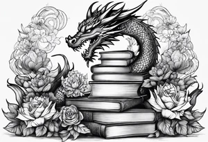 Dragon stack of books flowers tattoo idea