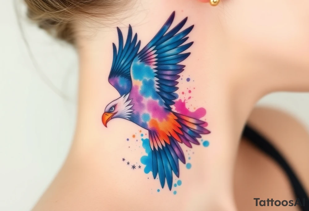 A watercolor eagle with splashes of deep blues, purples, and oranges, blending into a dreamlike sky tattoo idea