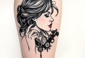 Profile of woman with messy hair 
, hand on chin, pearls hanging from mouth , lace, lipstick,  compass and gun near by tattoo idea