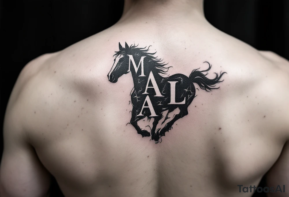 horse silhouette 
from the front which gallops towards us, with the 3 integrated letters: M, A, L tattoo idea