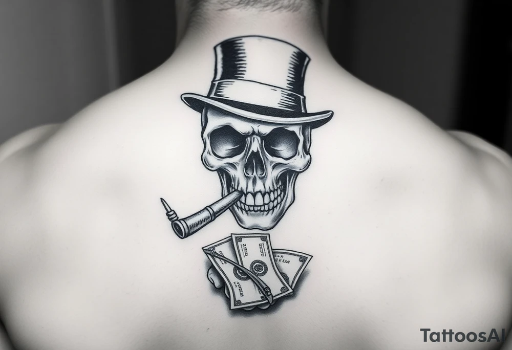 skull with mustache,a big cigar in his mouth,a top-hat on his head and alot of money in a hand. tattoo idea