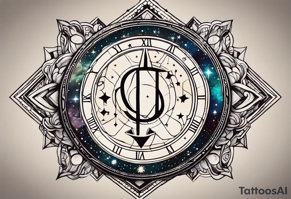 Matter, energy, space and time with an old stone theta symbol with stars in the background and Scorpio constellation tattoo idea