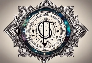 Matter, energy, space and time with an old stone theta symbol with stars in the background and Scorpio constellation tattoo idea