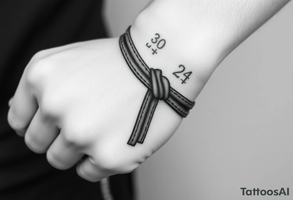A realistic black and gray tattoo of a Brazilian Jiu-Jitsu black belt wrapping around the wrist like a bracelet. The belt is tied in a knot with one end showing the number 30 and the other showing 24. On the flat end of the belt, two Japanese kanji characters are inked in white: 成長 (growth) and 忍耐 (perseverance). The belt has subtle stitch marks and worn, textured shading for a slightly distressed, authentic look. The style is clean, symbolic, and bold, designed to wrap naturally around the wrist like a wristband.” tattoo idea